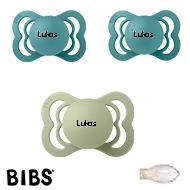 BIBS Supreme symmetrisk silikone sut str 1 Island Sea og Sage 3 stk med navn